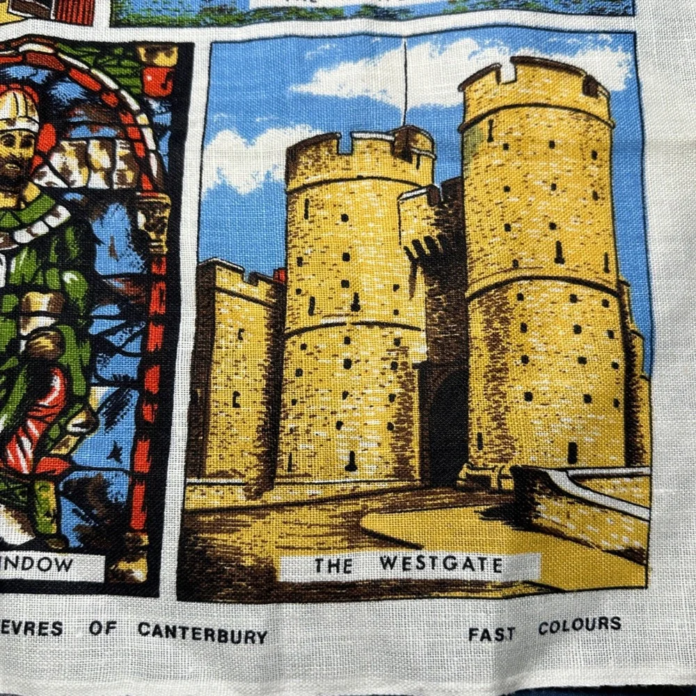 Vintage City of Canterbury Pure Irish Linen Tea Towel Souvenir England Landmarks